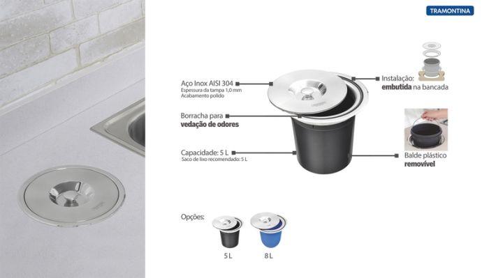 Lixeira de Embutir Tramontina Clean Round em Aço Inox com Balde Plástico 5 L